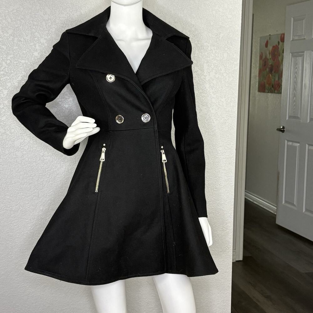 Bebe Double-Breasted Peacoat Wool Blend Fit & Flare Skirted Black Size S